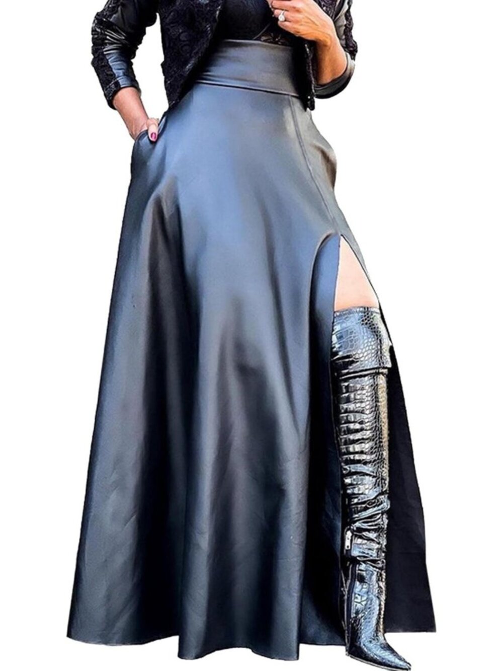 Women's Black Faux Leather High Waisted A Line Long Slit Party Maxi Skirt - Picture 2 of 3